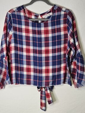 Billy T "Tie Me Up" Plaid Fringe Ruffle Sleeve Blouse. Red,white,blue.Size M